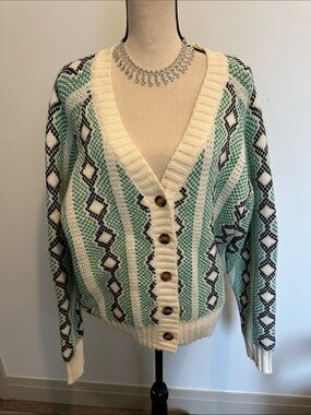 Raisonnel Cream & Mint Patterned V-Neck Button Cardigan Sweater Medium